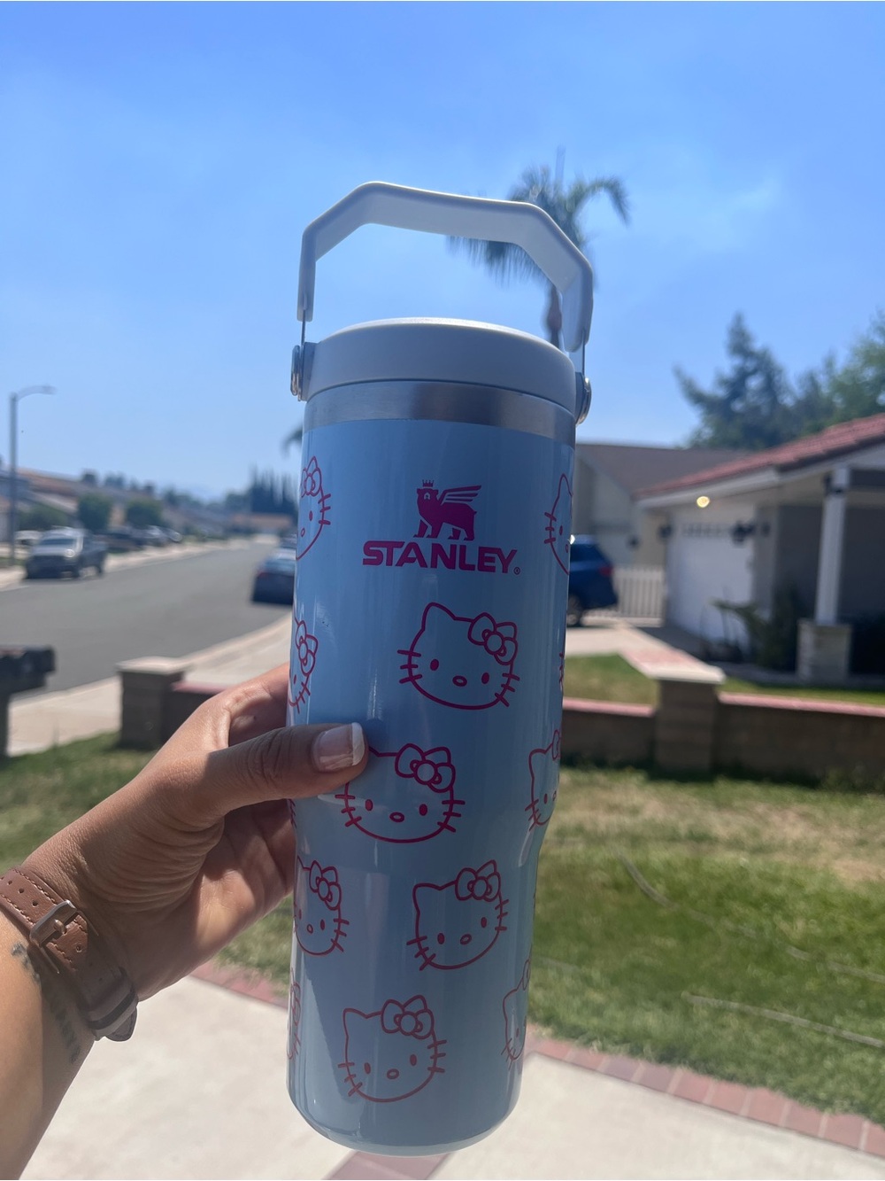 Stanley Light Blue Hello Kitty Pink Print Travel Tumbler